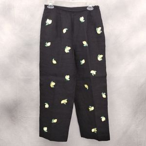 Vintage Talbots Irish Linen Black Wide Leg Pants Lemon Embroidery Size 8